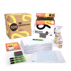 Show-me Bulk Box of 100 x A4 Hundred Square whiteboards, pens and erasers plus 2 free cleaners.