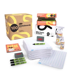 Show-me Bulk Box of 100 x A4 Lined/Gridded Double Sided Whiteboards, pens and erasers plus 2 free cleaners.