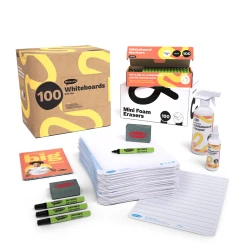 Show-me Bulk Box of 100 x A4 Lined/Plain Whiteboards, pens and erasers plus 2 free cleaners.