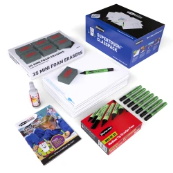 Show-me Classpack of 35 x A4 Plain/Plain SUPERTOUGH Whiteboards, with pens and erasers plus 2 free cleaners.