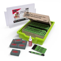 Show-me Classroom Tray of 200 Medium Tip Slim Barrel Whiteboard Markers, 6 Erasers and 1 Sample Bottle of MAGIX Whiteboard Cleaner/Conditioner