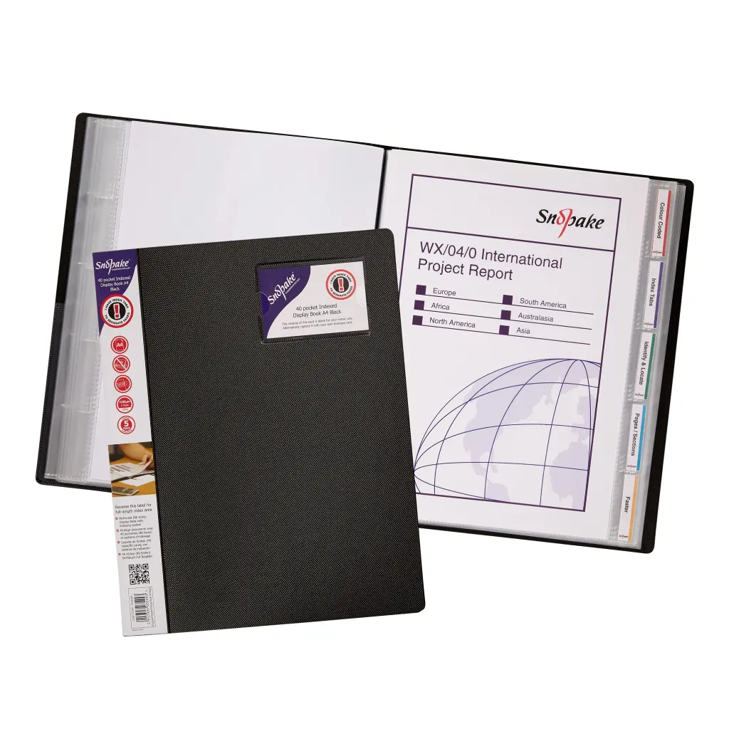 Snopake Display Book Indexed 40 pocket / 80 sides to view A4 Black- 5 Books