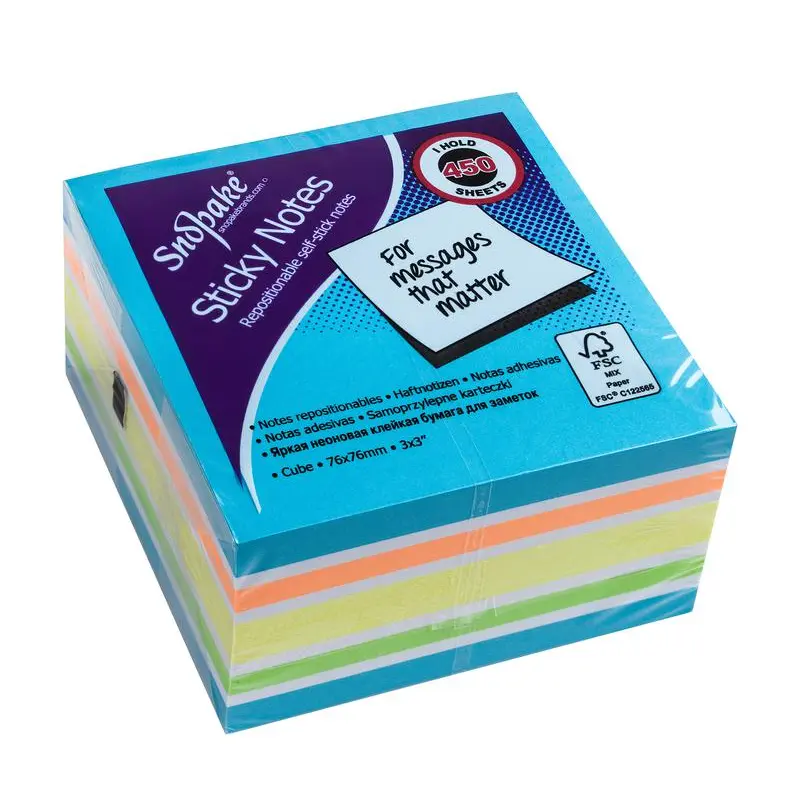 Snopake FSC Blue Rainbow NeonMix Sticky Notes 450 sheet Cube- 1 Cube