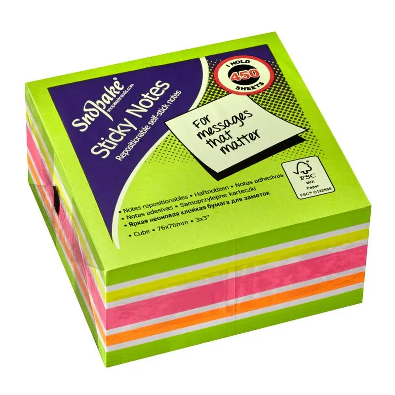 Snopake FSC Green Rainbow NeonMix Sticky Notes 450 sheet Cube- 1 Cube