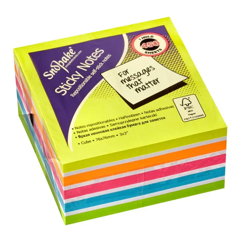 Snopake FSC Multicoloured Rainbow NeonMix Sticky Notes 450 sheet Cube- 1 Cube