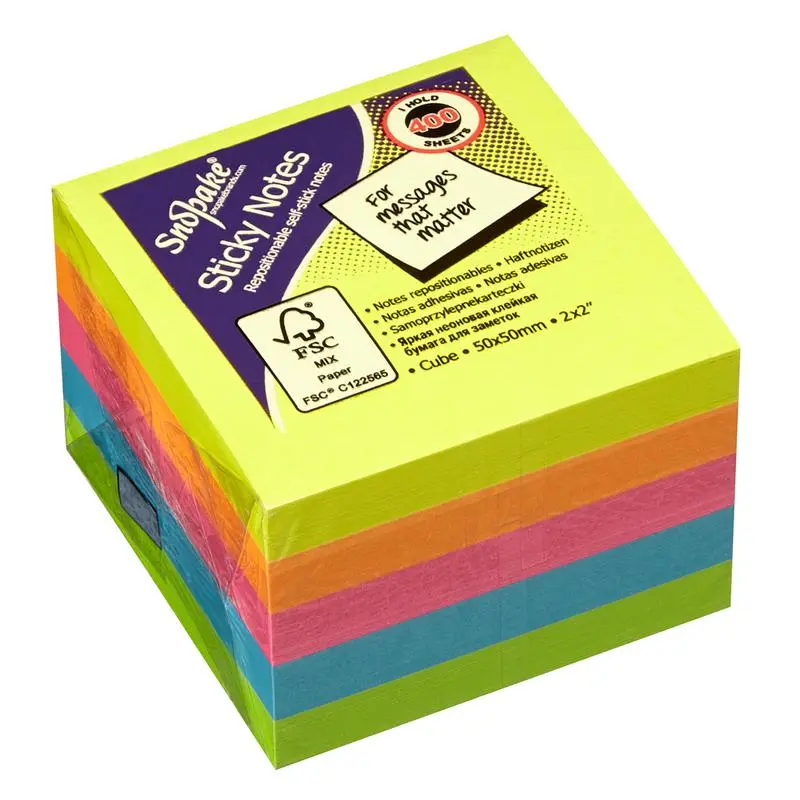 Snopake FSC Sticky Note Mini Cube  Neon 400 Sheet Mini Cube- 1 Cube