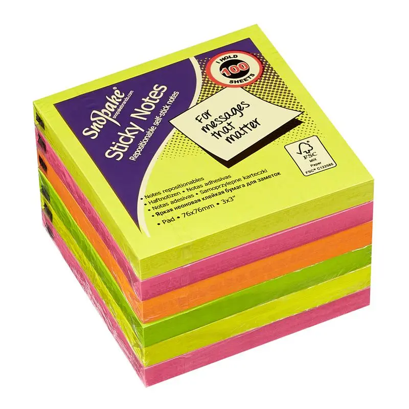Snopake FSC Sticky Note  Neon Assorted 100 Sheet Pad- 6 Pads