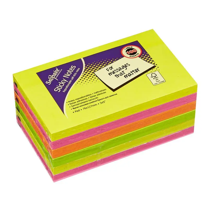 Snopake FSC Sticky Notes  Neon Assorted 100 Sheet Pad- 6 Pads