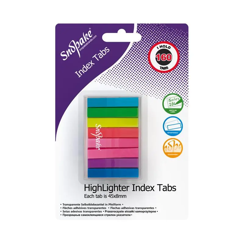Snopake Index Tab Highlighter Neon Assorted 160 tabs- 12 B/Cards