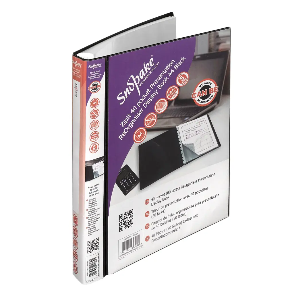 Snopake ZipIt ReOrganiser Display Book 40 Pocket / 80 sides to view A4 Black- 1 Book 