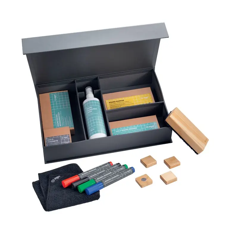 Starter set for boards - Board Marker (4) Wooden Square Magnets (4) Wooden Board Eraser (1) spare pad Magnetic Cleaning Cloth (1) Cleaning Spray 