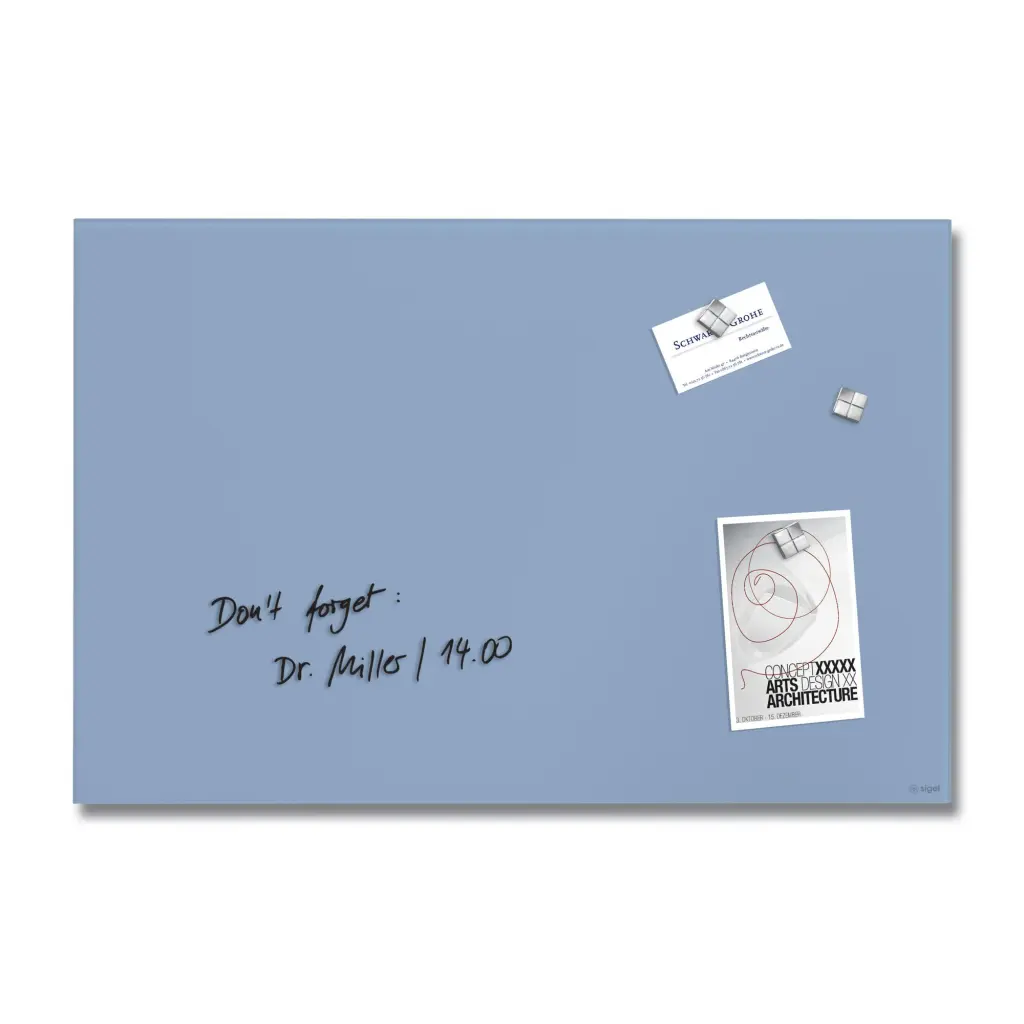 Wall Mounted Magnetic Glass Board 600x400x15mm - Matt Pastel Blue