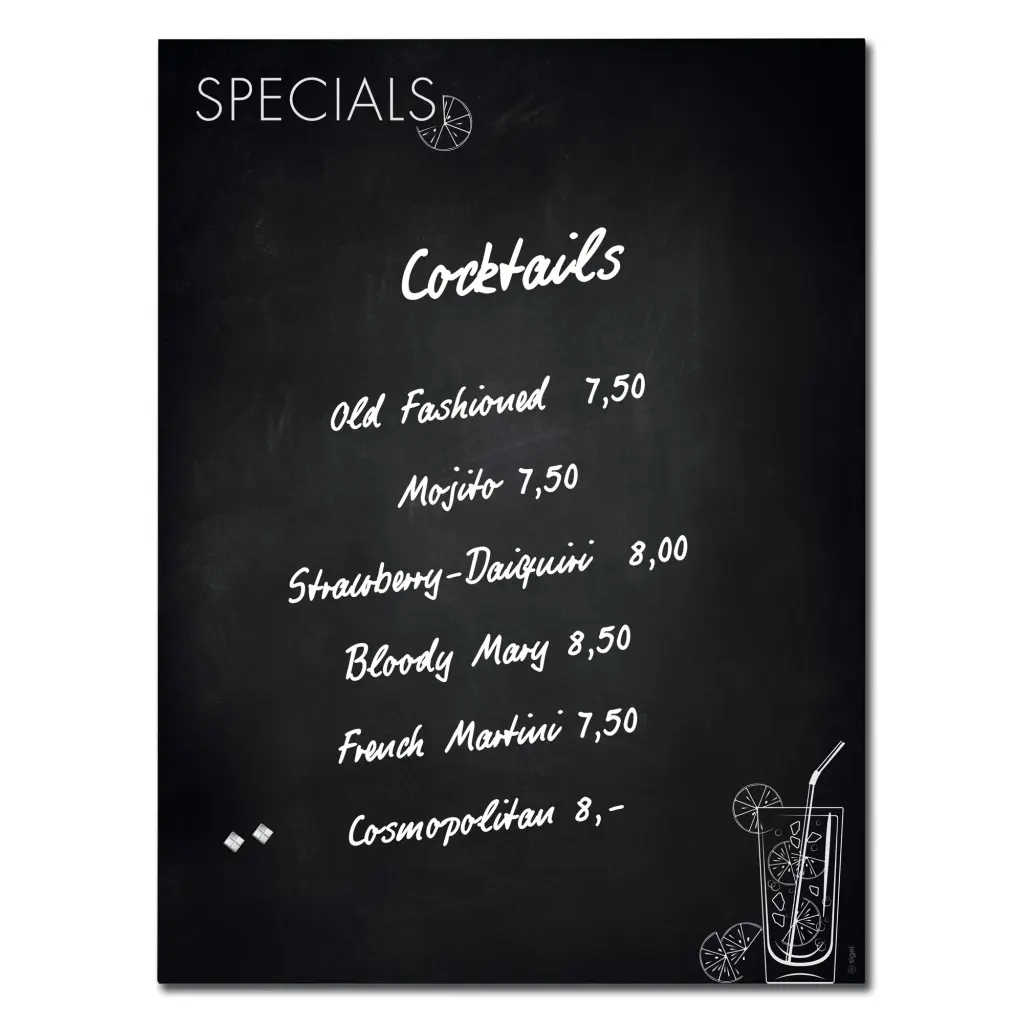 Wall Mounted Magnetic Glass Board 900x1200x18mm - Matt Happy Hour Specials Board