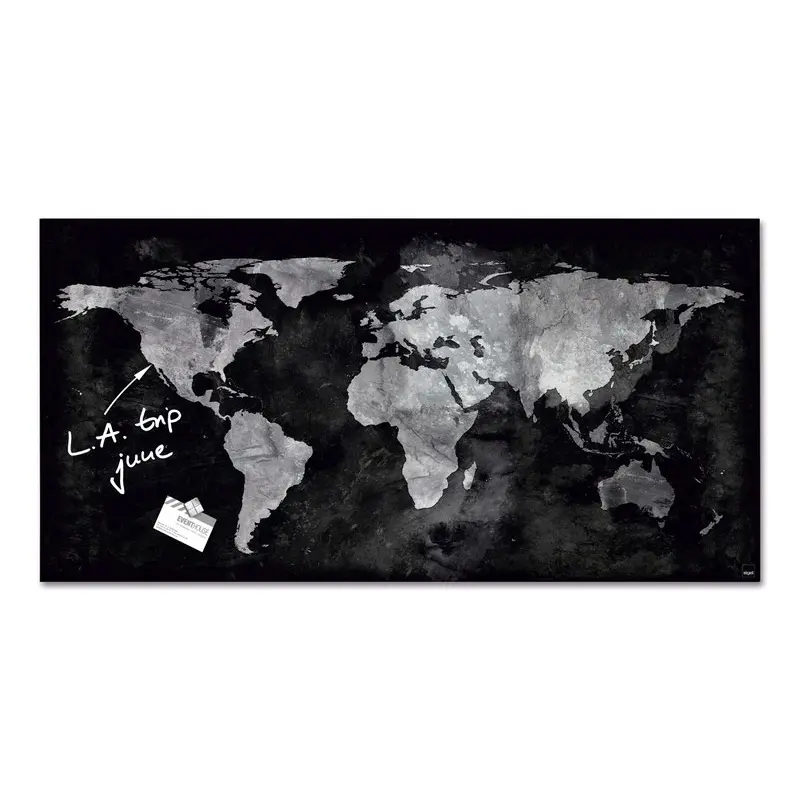Wall Mounted Magnetic Glass Board 910x460x15mm - World Map Design 