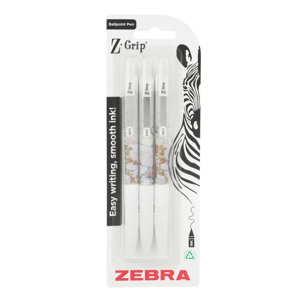 Z-GRIP Smooth Glam Black Ink Ballpoint Pens White Marble Pack of 3 - WHILE STOCK LASTS