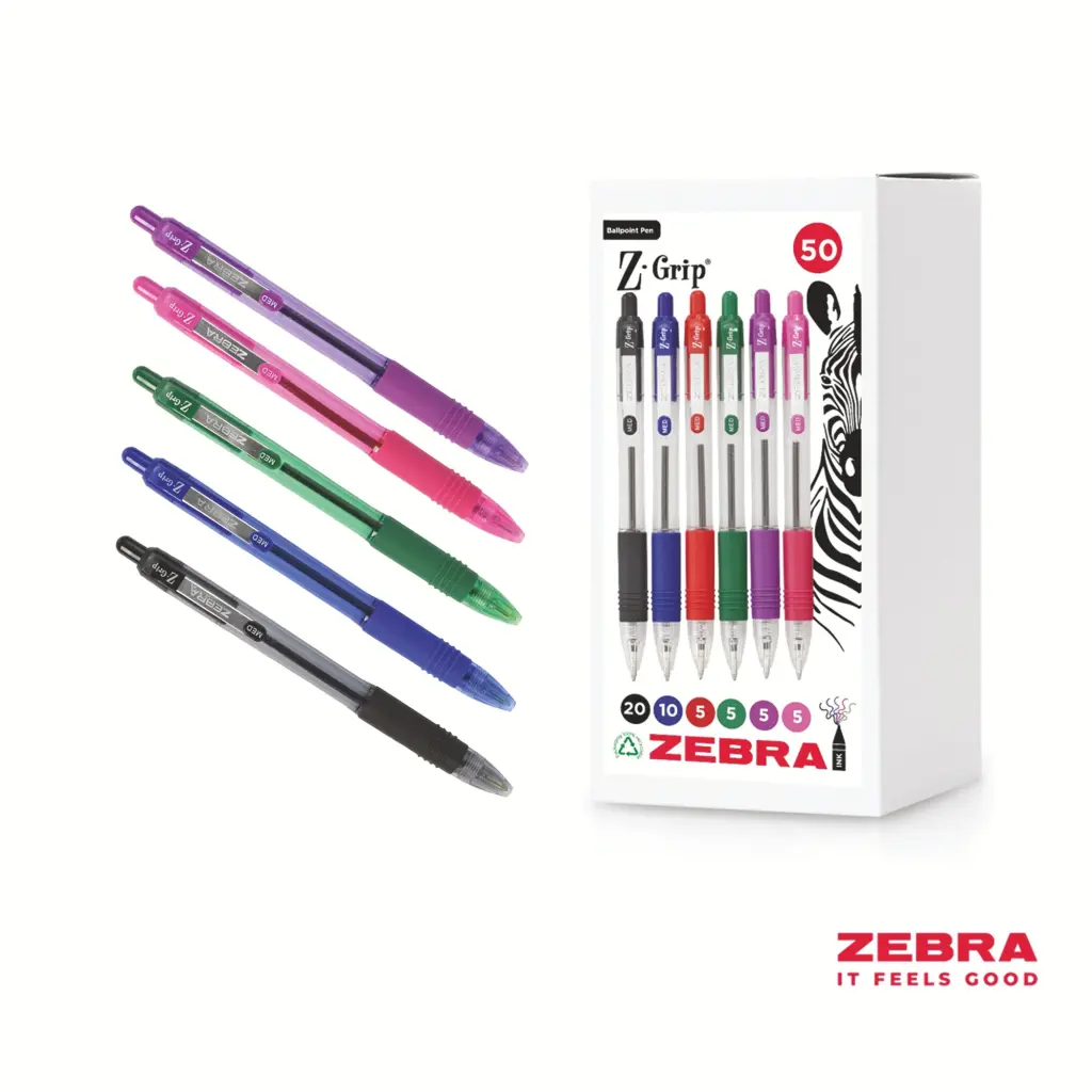 Zebra Z-Grip Retractable Ballpoint Pen Assorted Ink 50 Pack 