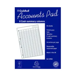 Guildhall Account Pad GP8SZ, A4, 8 Cash Columns, Ruled 54 Feint, 60 Leaf