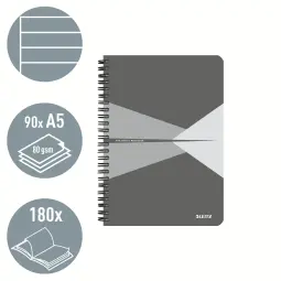 Leitz OfficeGrey  Notebook A5 Ruled Wirebound Pack of 5
