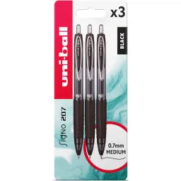 uni-ball Signo 207 UMN-207E Retractable Gel Rollerball Pen 0.7mm Tip Black Pack of 3
