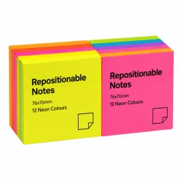UP Repositionable Notes 76x76mm Neon Assorted Colours Pack of 12
